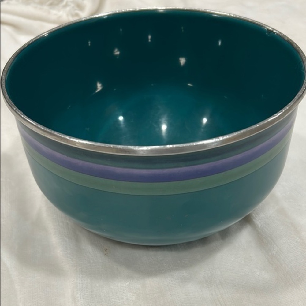 Vintage Teal Enamel Bowl with Silver Rim and Stripes